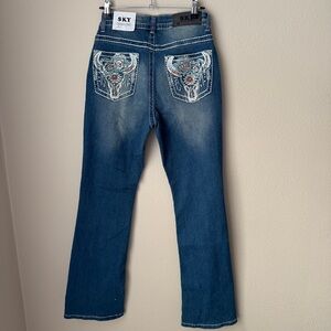 SKY Premium Collection Womens Super Soft Bootcut Blue Jeans Size 7/28 Rhinestone